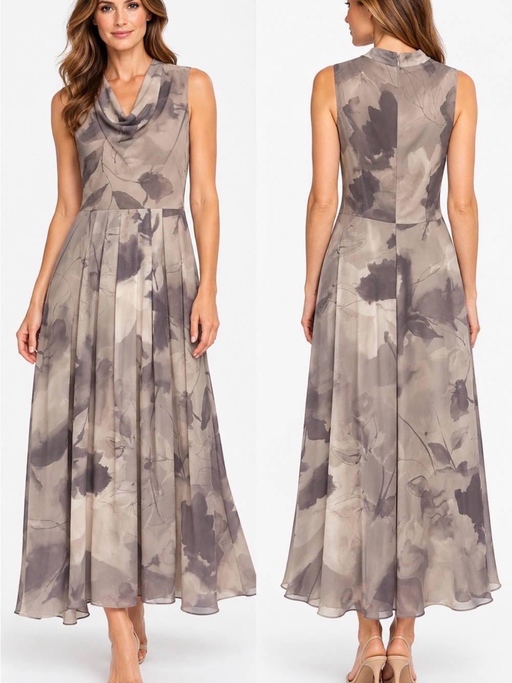 Donna Karan New York Size 8 Watercolor Floral Pleated Maxi Dress (no belt)
